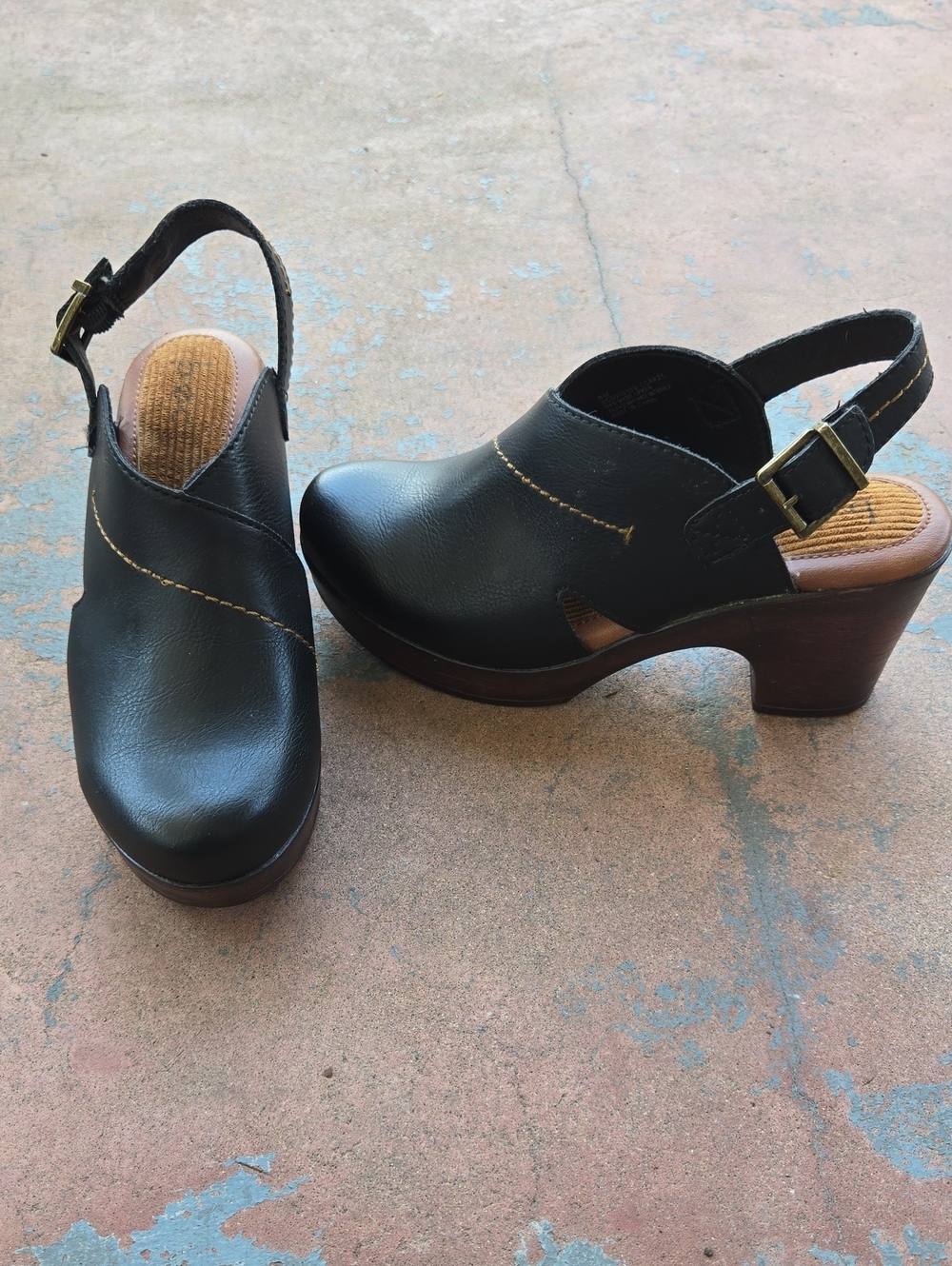 B.O.C. Black Leather Slingback Clog Heels